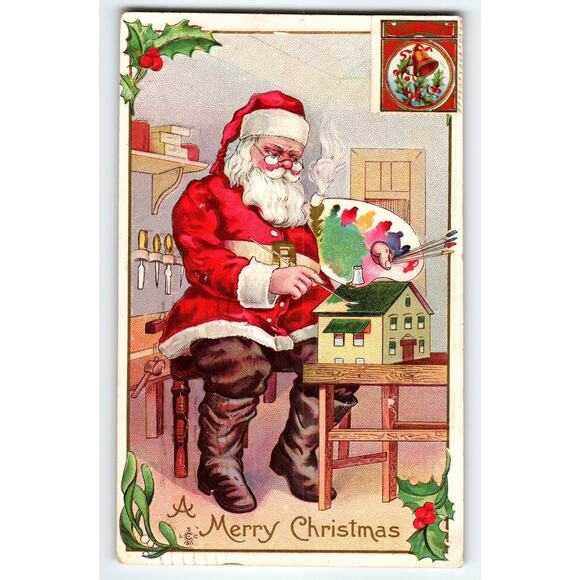 Vintage 1911 Santa Claus Painting Dollhouse Christmas Postcard Stecher - Picture 1 of 2